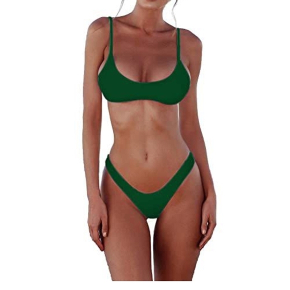 Emerald Green Minimalist Bikini Set with High-Cut Briefs, Hygienic Liner, New - Picture 1 of 3